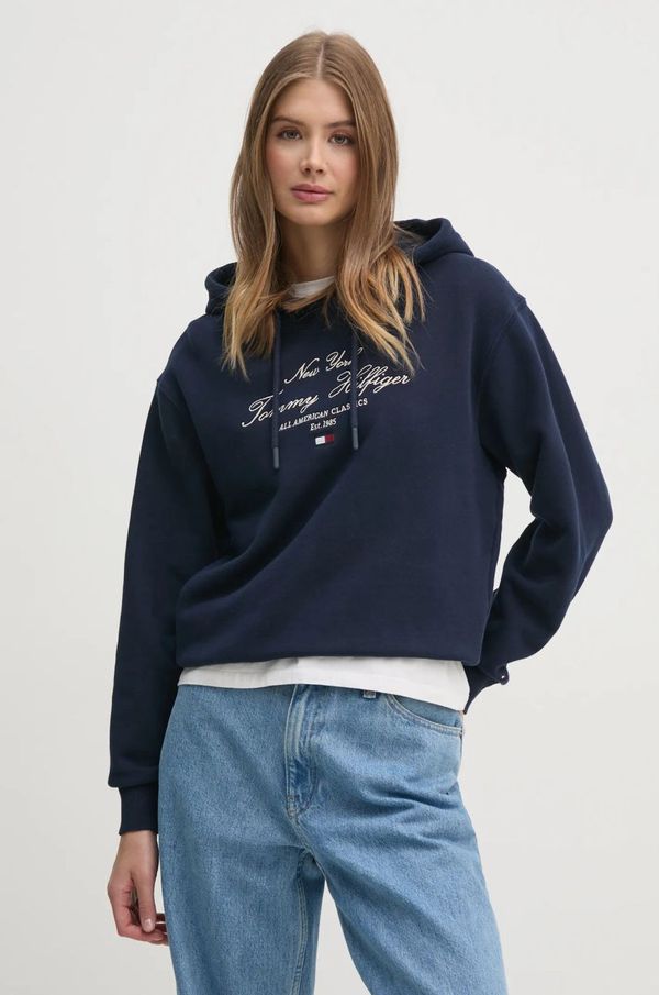 Tommy Hilfiger Bombažen pulover Tommy Hilfiger ženski, mornarsko modra barva, s kapuco, WW0WW43842