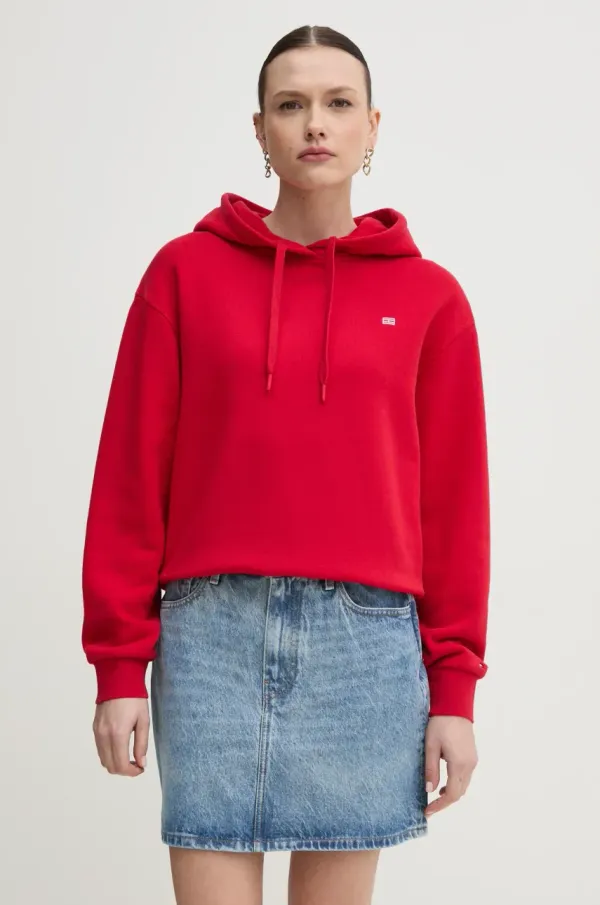 Tommy Hilfiger Bombažen pulover Tommy Hilfiger ženski, rdeča barva, s kapuco, WW0WW45979