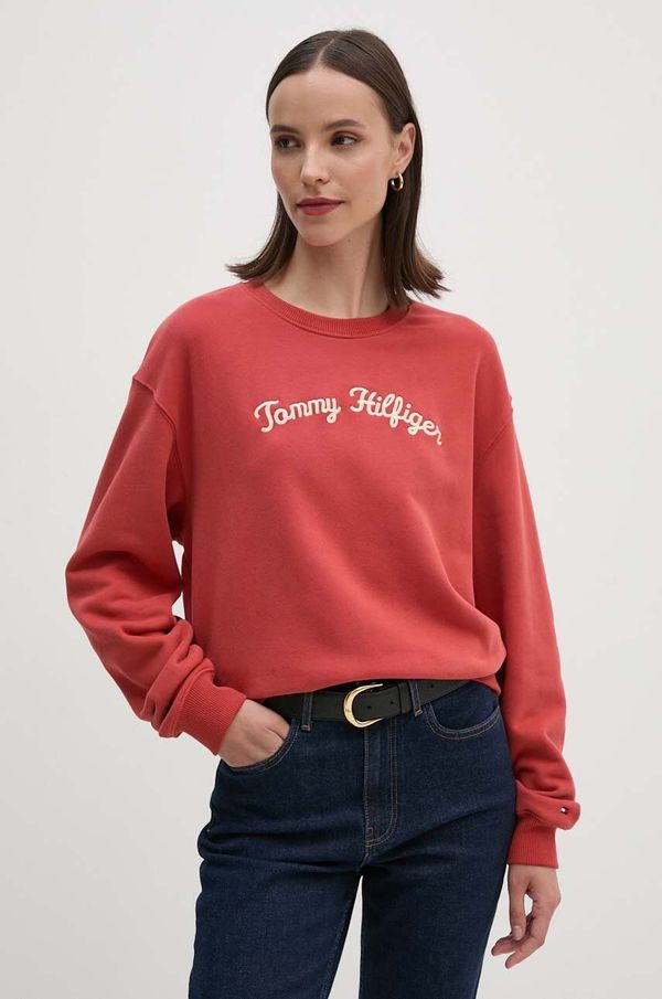 Tommy Hilfiger Bombažen pulover Tommy Hilfiger ženski, rdeča barva, WW0WW42615