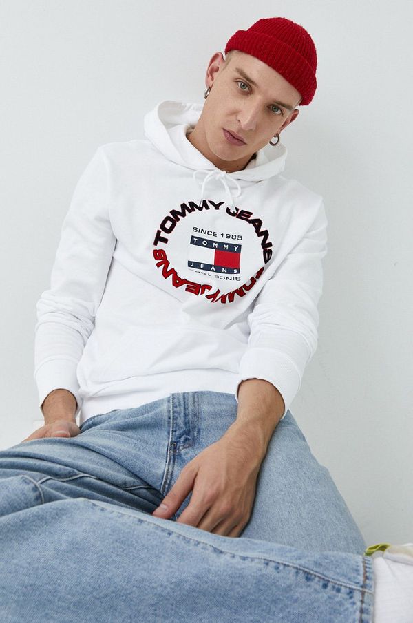 Tommy Jeans Bombažen pulover Tommy Jeans moška, bela barva, s kapuco