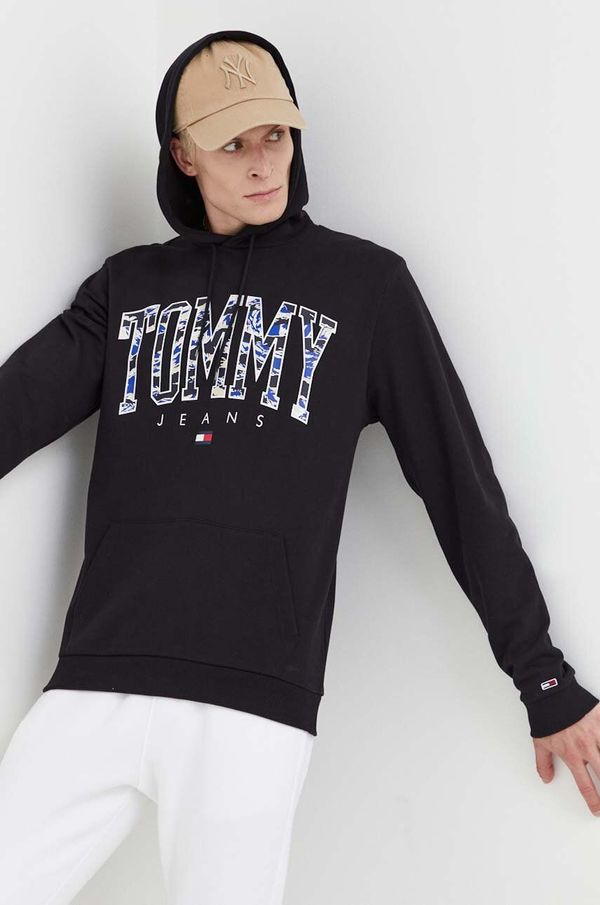 Tommy Jeans Bombažen pulover Tommy Jeans moška, črna barva, s kapuco