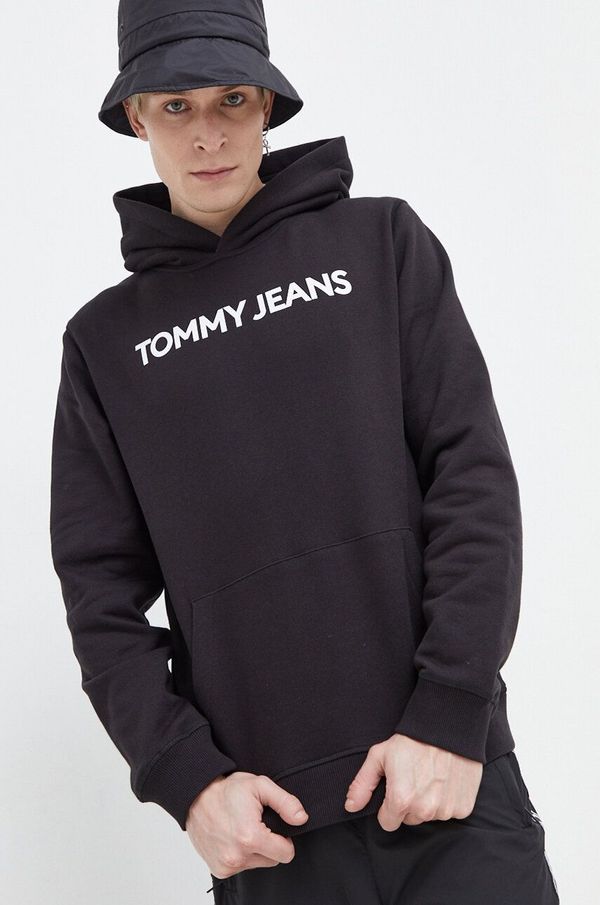 Tommy Jeans Bombažen pulover Tommy Jeans moška, črna barva, s kapuco