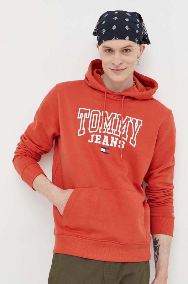 Tommy Jeans Bombažen pulover Tommy Jeans moška, oranžna barva, s kapuco