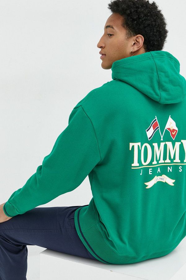 Tommy Jeans Bombažen pulover Tommy Jeans moška, zelena barva, s kapuco
