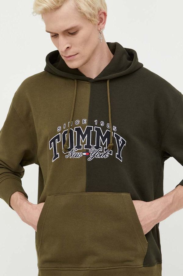 Tommy Jeans Bombažen pulover Tommy Jeans moška, zelena barva, s kapuco