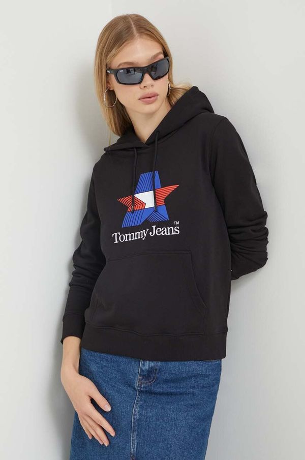 Tommy Jeans Bombažen pulover Tommy Jeans ženska, črna barva, s kapuco