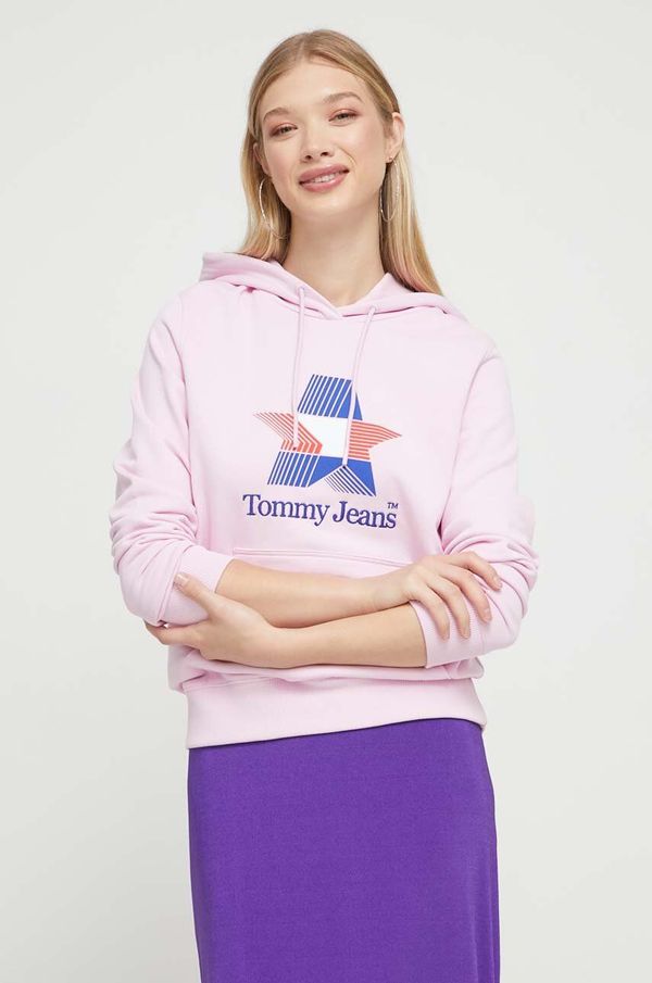 Tommy Jeans Bombažen pulover Tommy Jeans ženska, roza barva, s kapuco