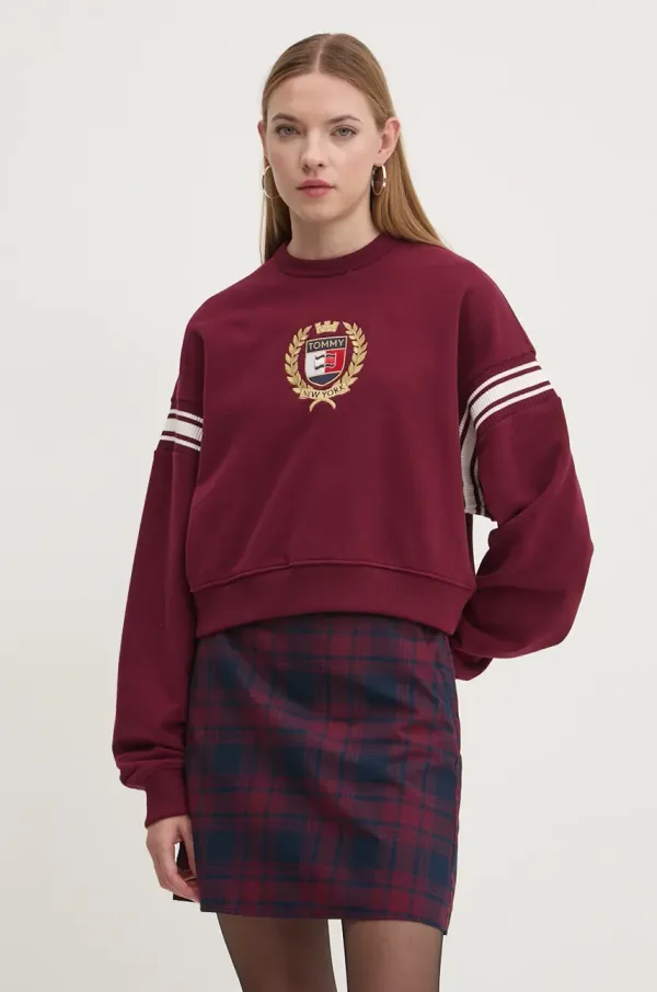 Tommy Jeans Bombažen pulover Tommy Jeans ženski, bordo barva, DW0DW18772