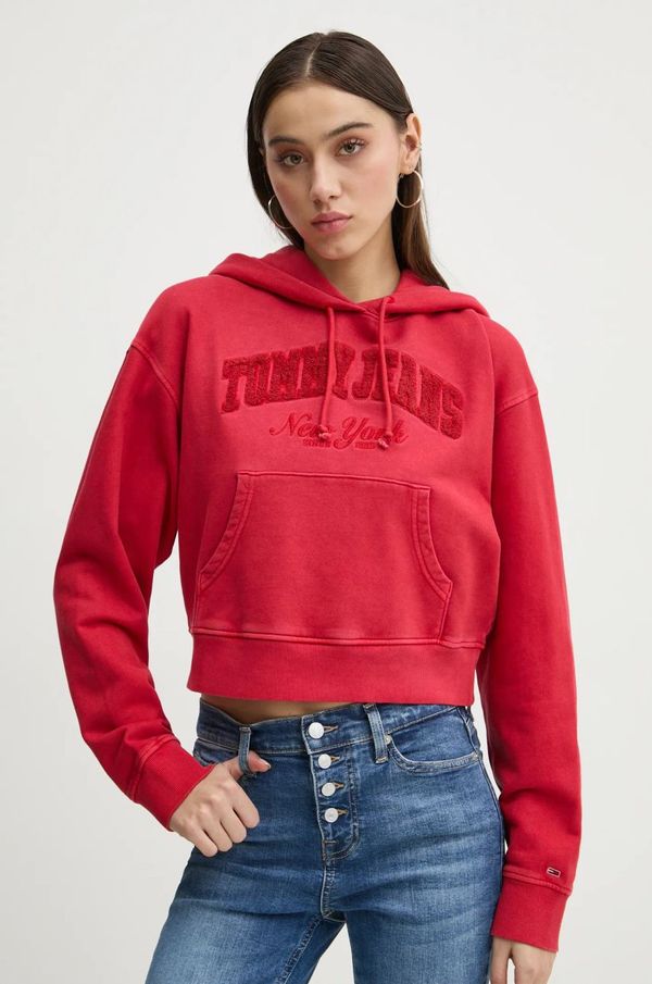 Tommy Jeans Bombažen pulover Tommy Jeans ženski, rdeča barva, s kapuco, DW0DW19413