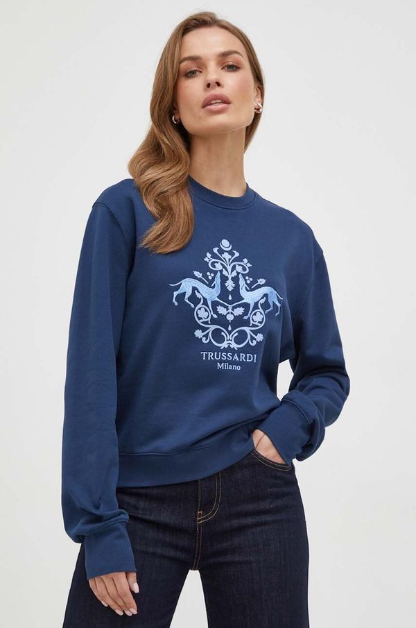 Trussardi Bombažen pulover Trussardi ženska, mornarsko modra barva