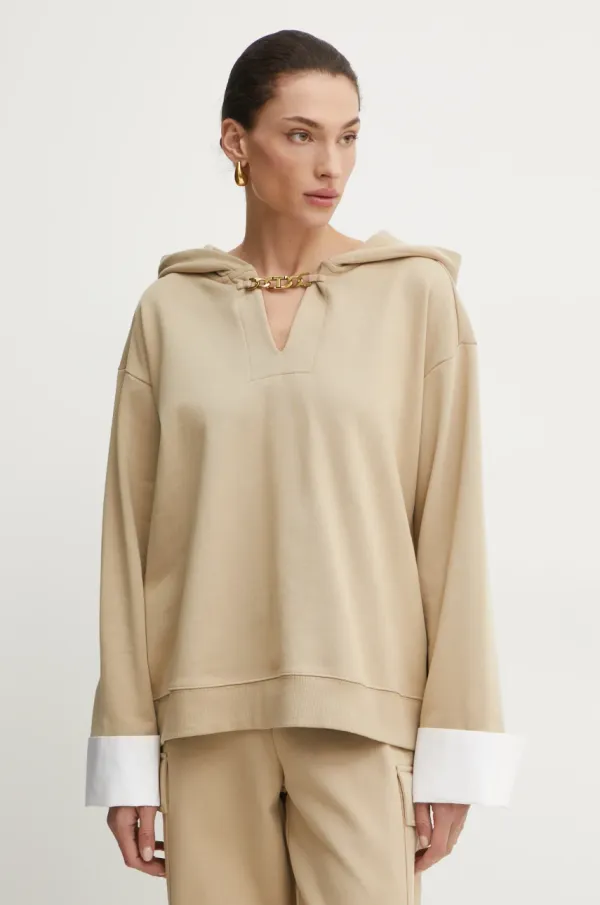 Twinset Bombažen pulover Twinset ženski, bež barva, s kapuco, 251TE2070