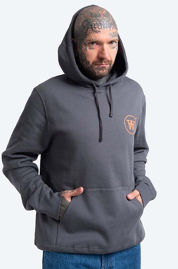 Wood Wood Bombažen pulover Wood Wood Ian Hoodie moški, siva barva, s kapuco