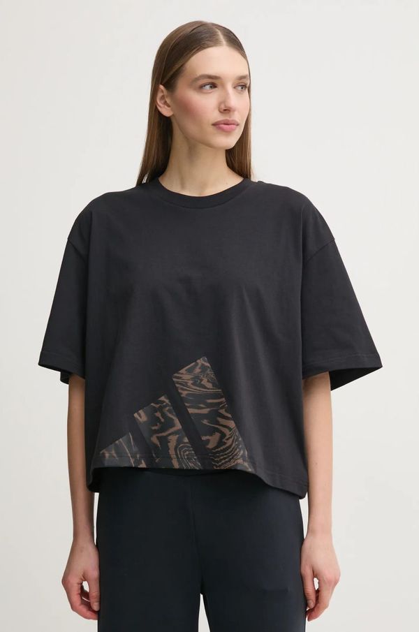 adidas Bombažna kratka majica adidas Essentials Animal ženska, črna barva, JM5886