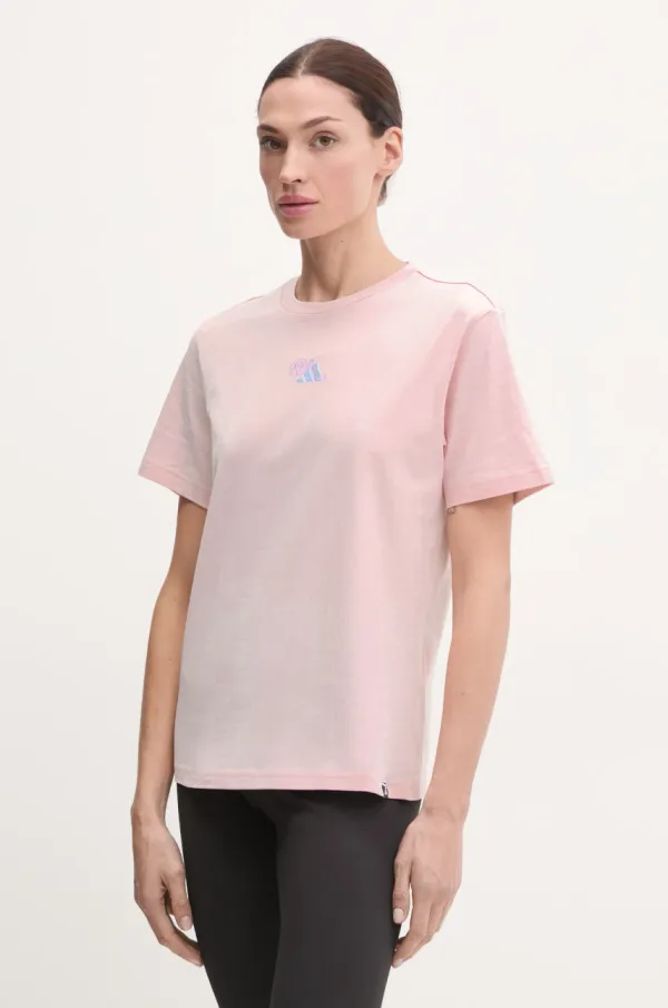 adidas Bombažna kratka majica adidas W L MINI TEE ženska, roza barva, JN8262