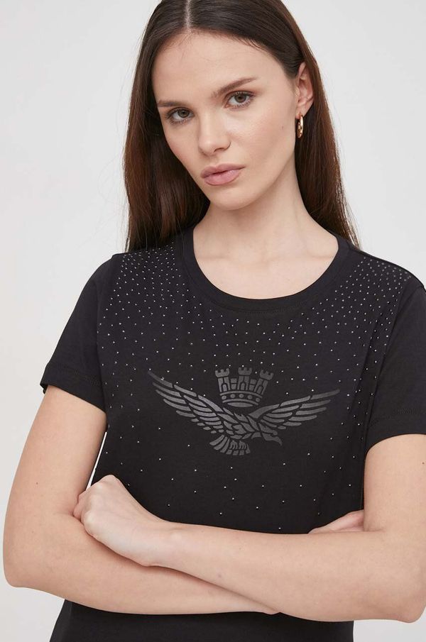 Aeronautica Militare Bombažna kratka majica Aeronautica Militare ženski, črna barva