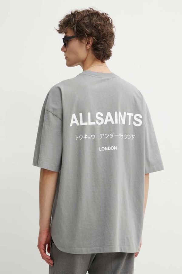 AllSaints Bombažna kratka majica AllSaints UNDERGROUND SS CREW moška, siva barva