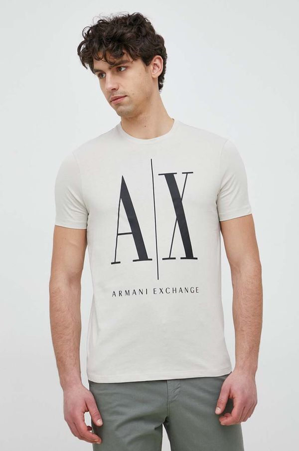 Armani Exchange Bombažna kratka majica Armani Exchange bež barva