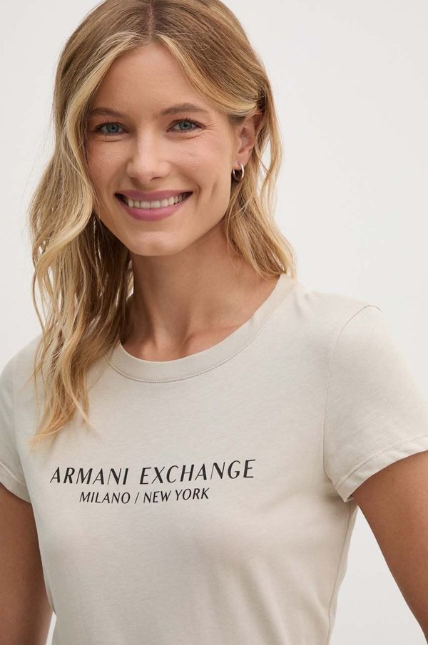 Armani Exchange Bombažna kratka majica Armani Exchange bež barva