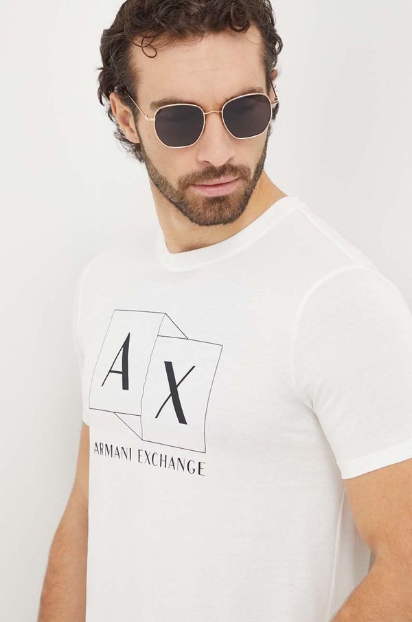 Armani Exchange Bombažna kratka majica Armani Exchange moški, bež barva