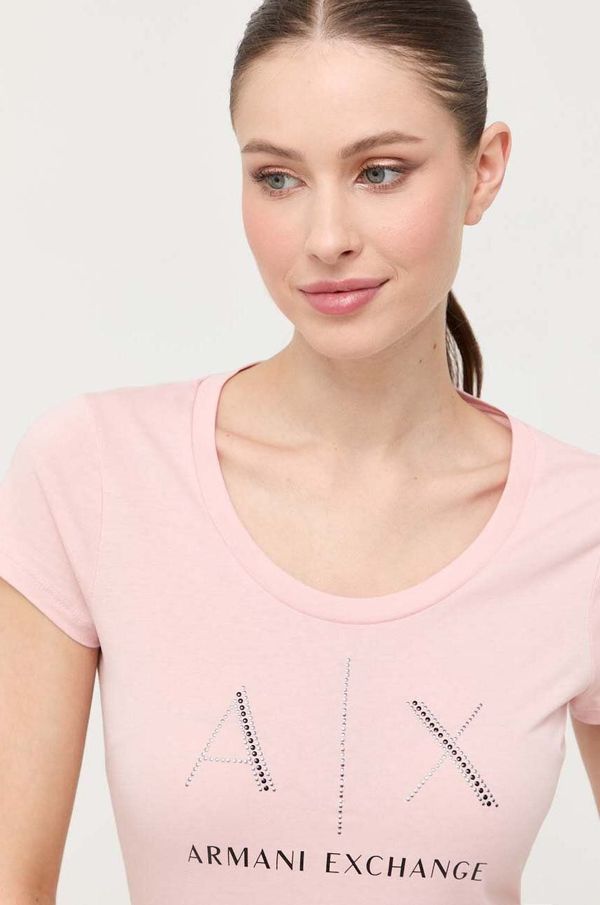 Armani Exchange Bombažna kratka majica Armani Exchange roza barva