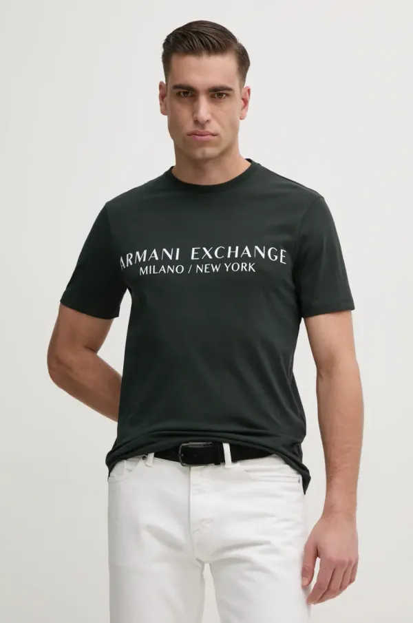Armani Exchange Bombažna kratka majica Armani Exchange zelena barva