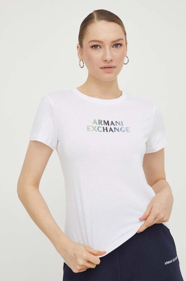 Armani Exchange Bombažna kratka majica Armani Exchange ženski, bela barva