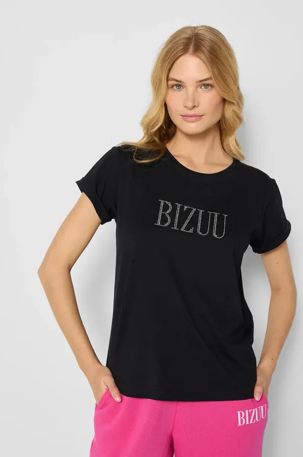 BIZUU Bombažna kratka majica Bizuu HEARTY ženska, črna barva, T_SHIRT HEARTY_CZARNY_AW24