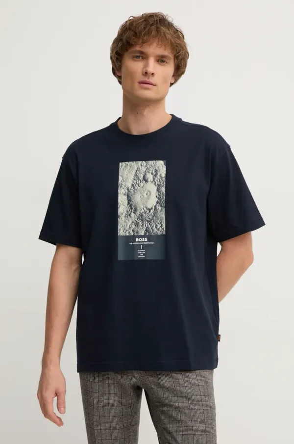 BOSS Orange Bombažna kratka majica Boss Orange moška, mornarsko modra barva, 50528209