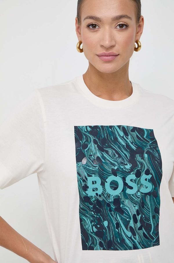 Boss Bombažna kratka majica BOSS ženski, bež barva