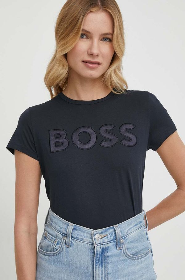 Boss Bombažna kratka majica BOSS ženski, mornarsko modra barva