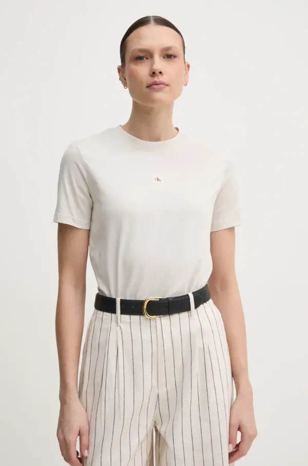 Calvin Klein Jeans Bombažna kratka majica Calvin Klein Jeans ženska, bež barva, J20J225243