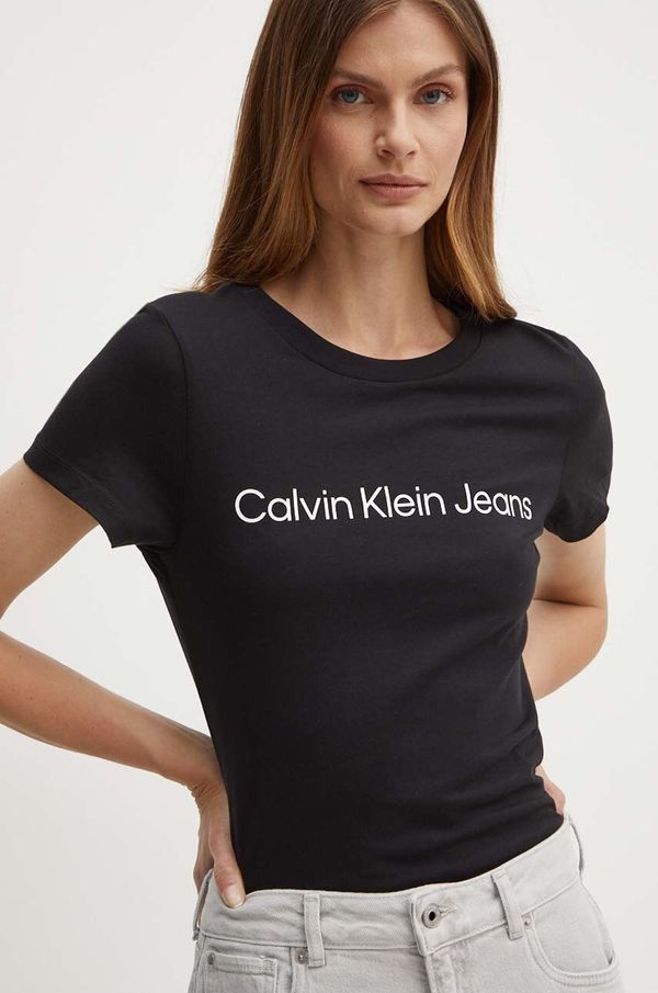 Calvin Klein Jeans Bombažna kratka majica Calvin Klein Jeans ženska, črna barva, J20J220253