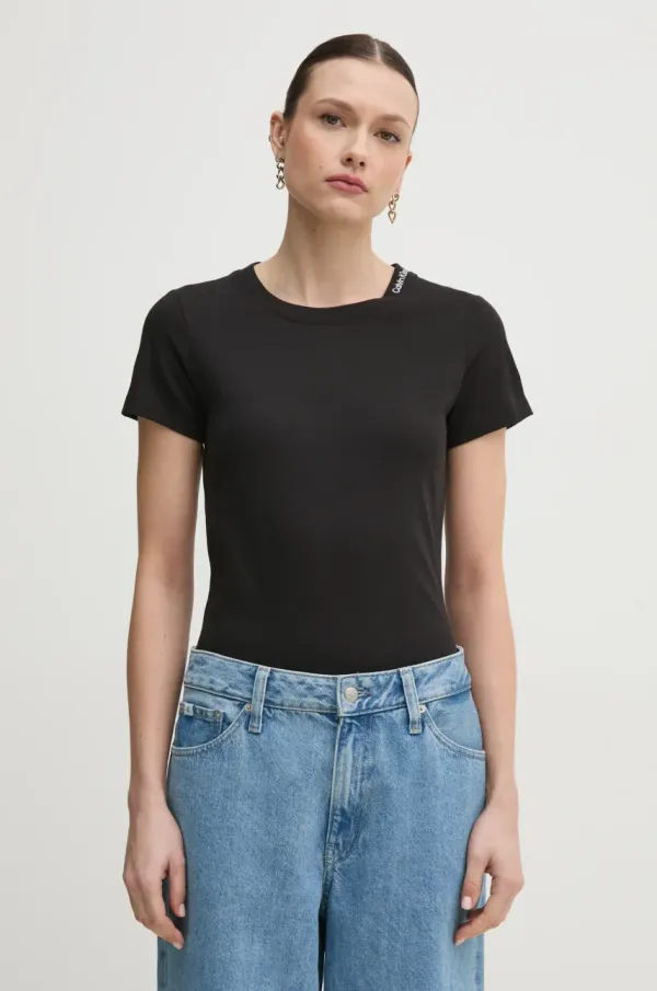 Calvin Klein Jeans Bombažna kratka majica Calvin Klein Jeans ženska, črna barva, J20J225540