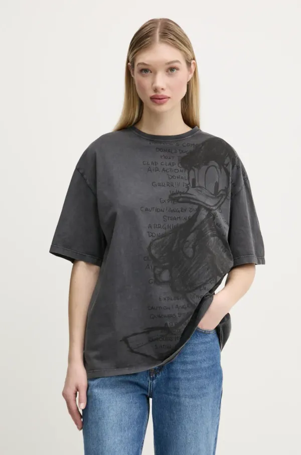 Desigual Bombažna kratka majica Desigual DONALD ženska, siva barva, 25SWTKAH