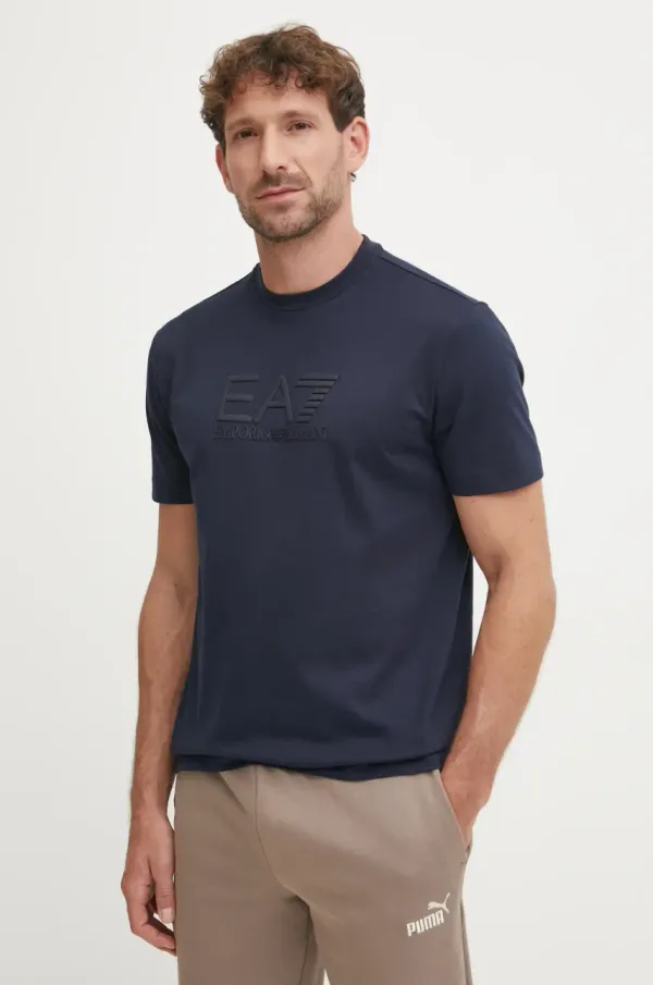 EA7 Emporio Armani Bombažna kratka majica EA7 Emporio Armani moška, mornarsko modra barva, AF10375.7M000224