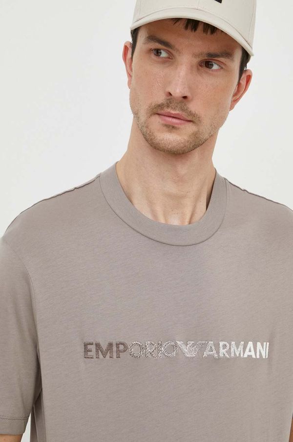 Emporio Armani Bombažna kratka majica Emporio Armani moški, bež barva