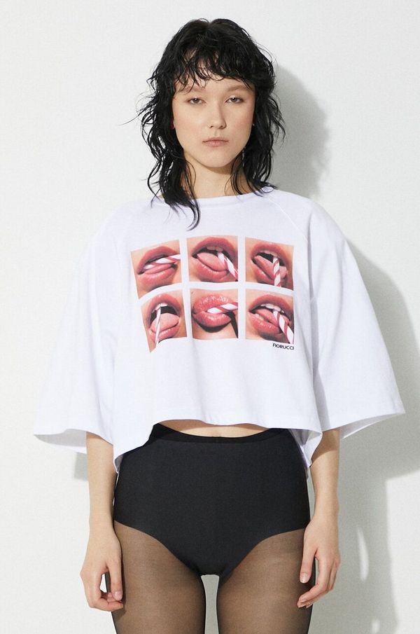 Fiorucci Bombažna kratka majica Fiorucci Mouth Print Cropped Padded T-Shirt ženska, bela barva, U01FPTSH106CJ01WH01