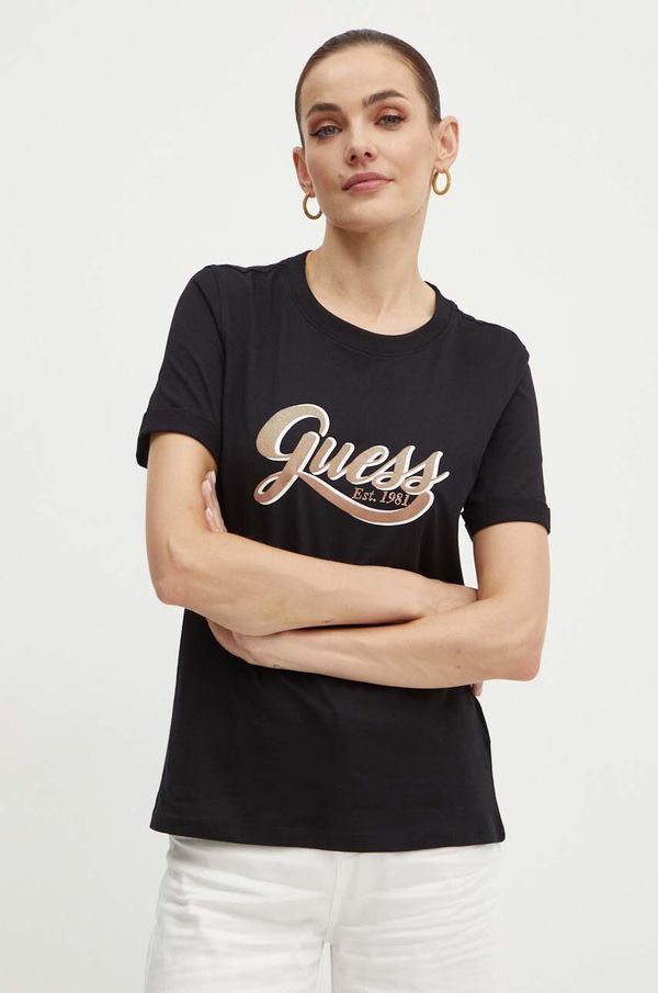 Guess Bombažna kratka majica Guess GLITTERY ženska, črna barva, W4YI09 JA914