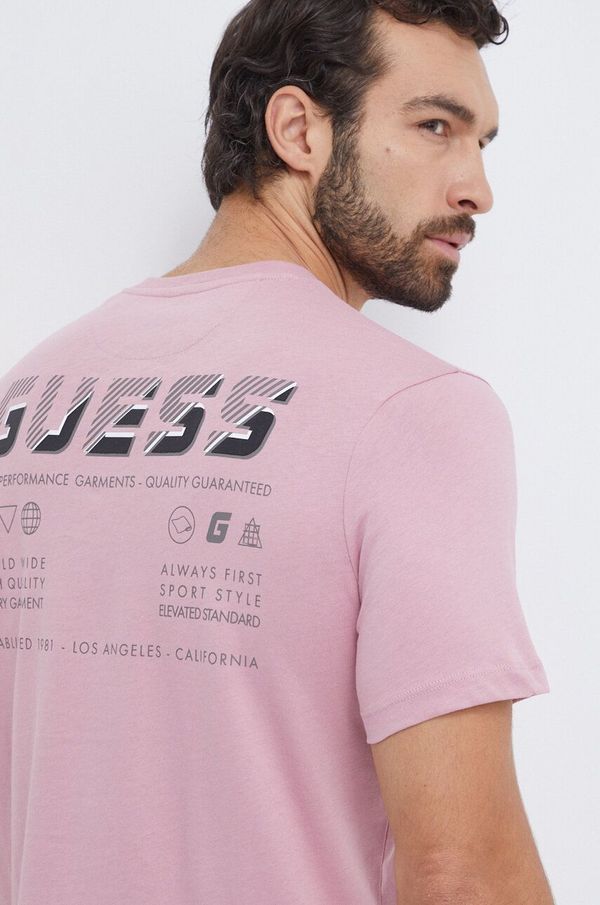 Guess Bombažna kratka majica Guess moški, roza barva