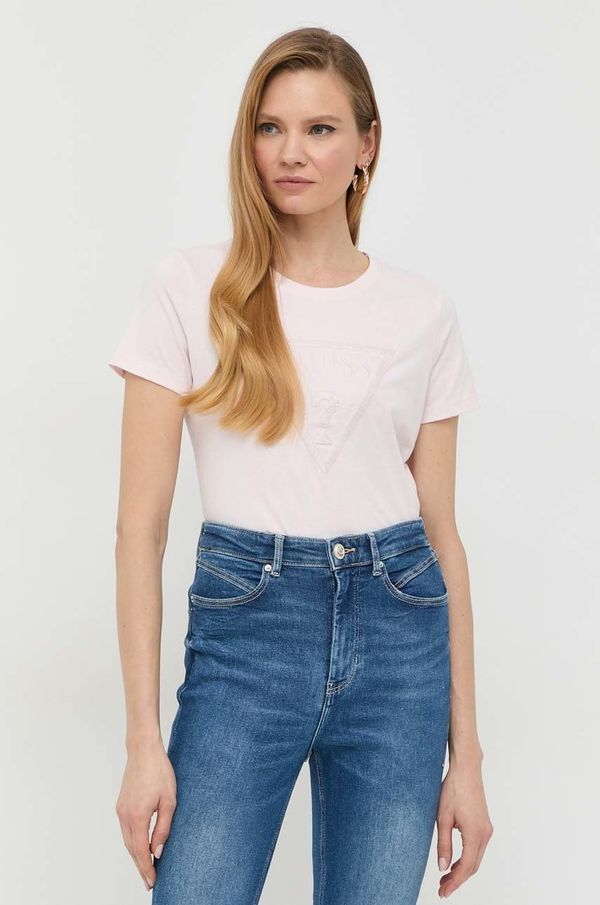 Guess Bombažna kratka majica Guess roza barva