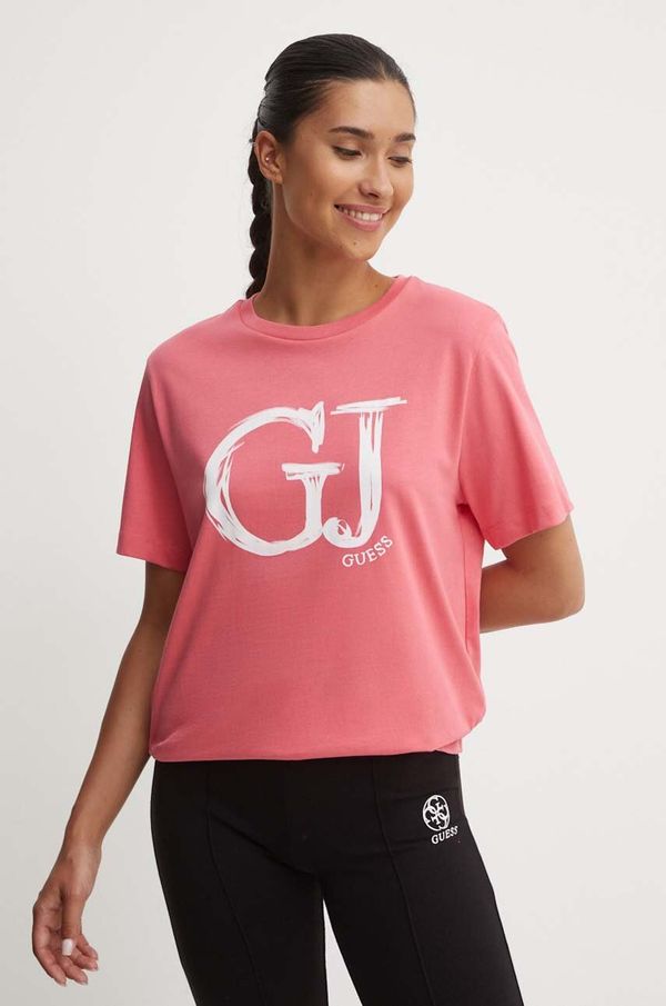 Guess Bombažna kratka majica Guess SARA ženska, roza barva, V4YI01 K8FQ4