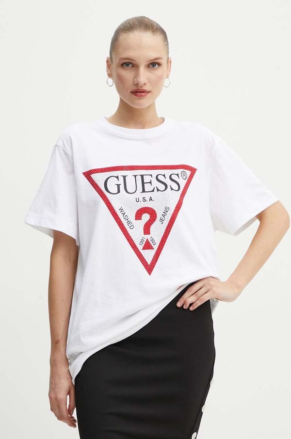 Guess Bombažna kratka majica Guess SHINY ženska, bela barva, W4YI34 I3Z14