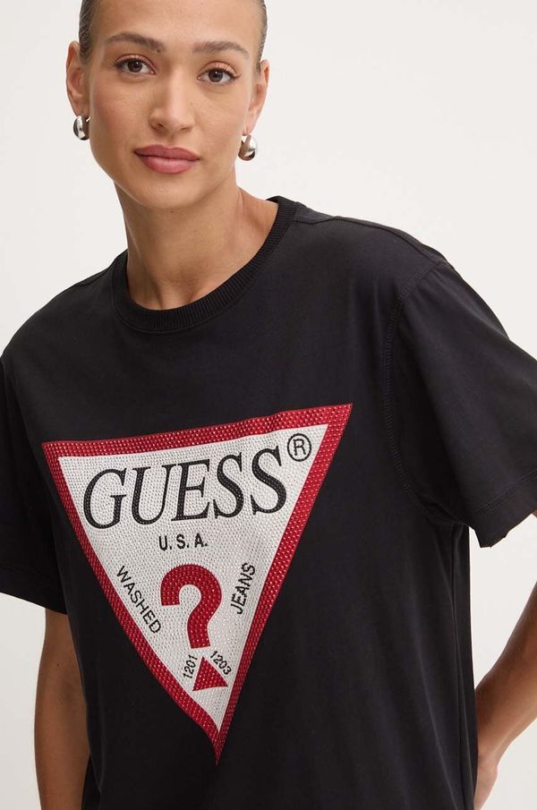 Guess Bombažna kratka majica Guess SHINY ženska, črna barva, W4YI34 I3Z14