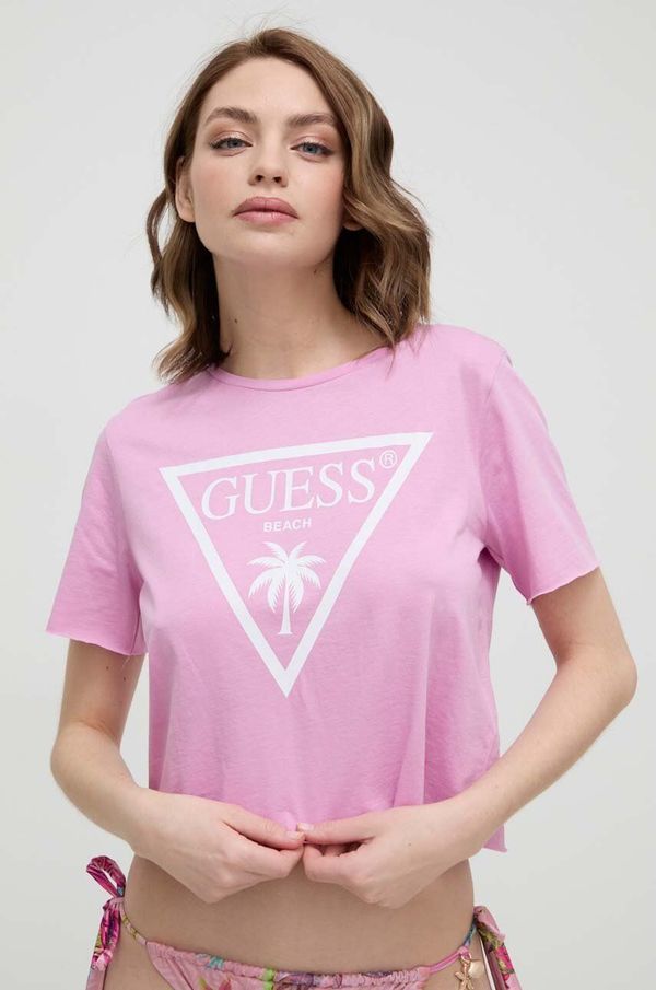 Guess Bombažna kratka majica Guess vijolična barva