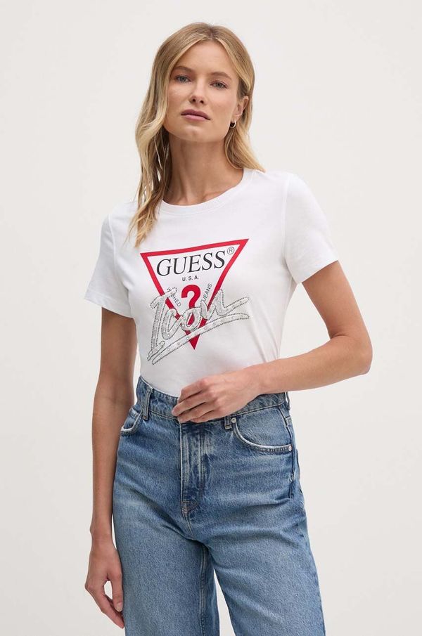 Guess Bombažna kratka majica Guess ženski, bela barva