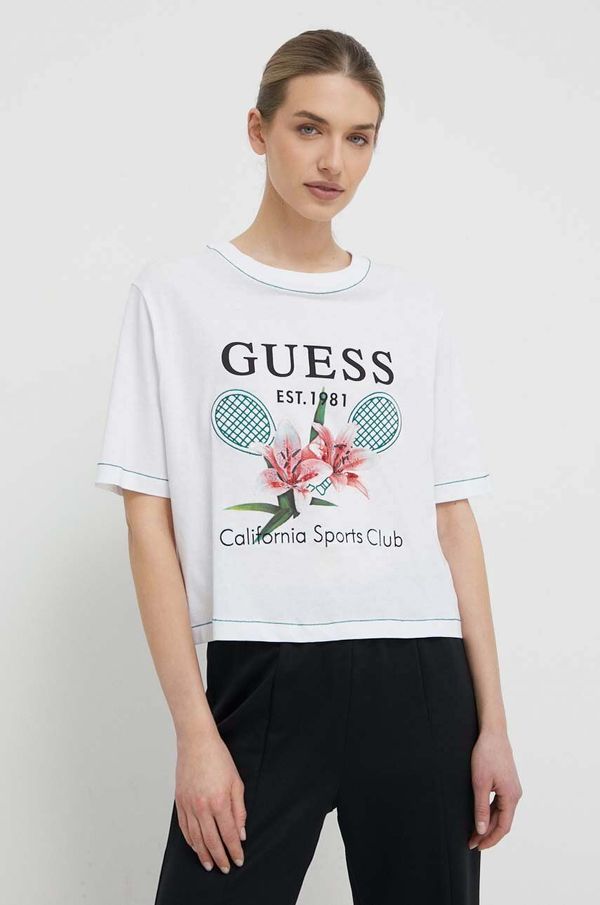 Guess Bombažna kratka majica Guess ženski, bela barva