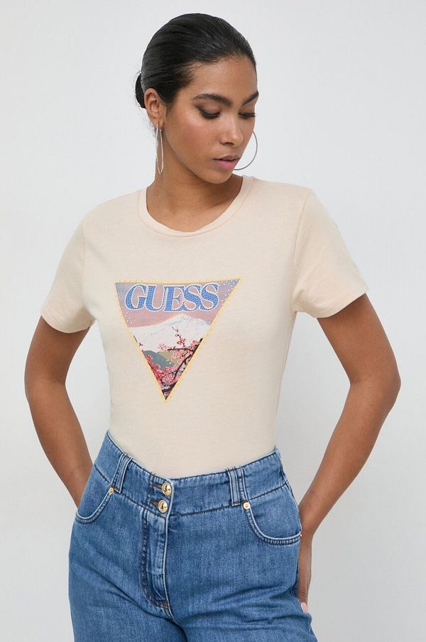 Guess Bombažna kratka majica Guess ženski, bež barva