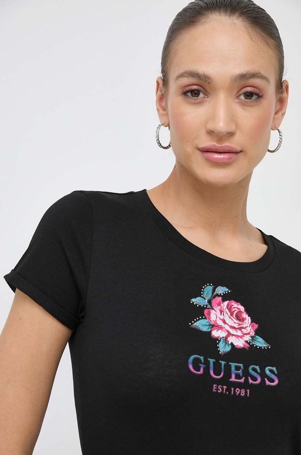 Guess Bombažna kratka majica Guess ženski, črna barva