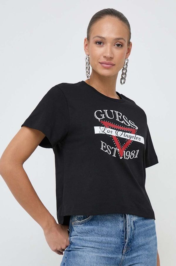 Guess Bombažna kratka majica Guess ženski, črna barva