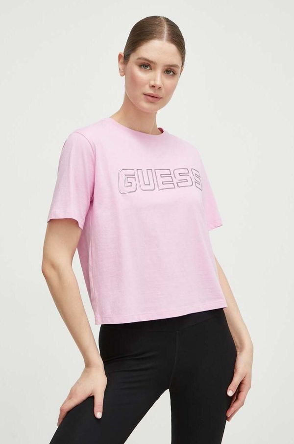 Guess Bombažna kratka majica Guess ženski, roza barva